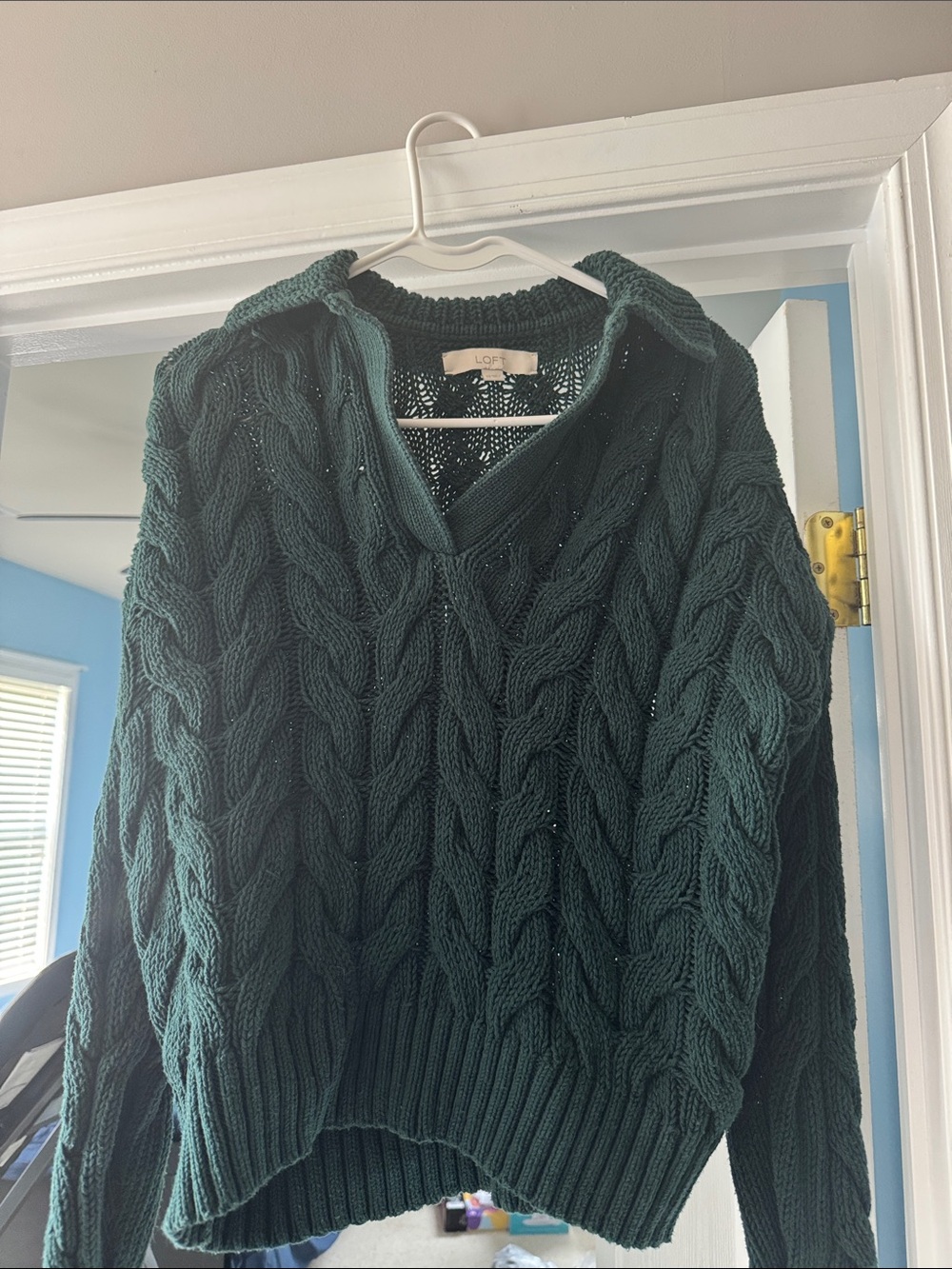 LOFT Dark Green Cable-Knit V-Neck Sweater with Collar Detail
